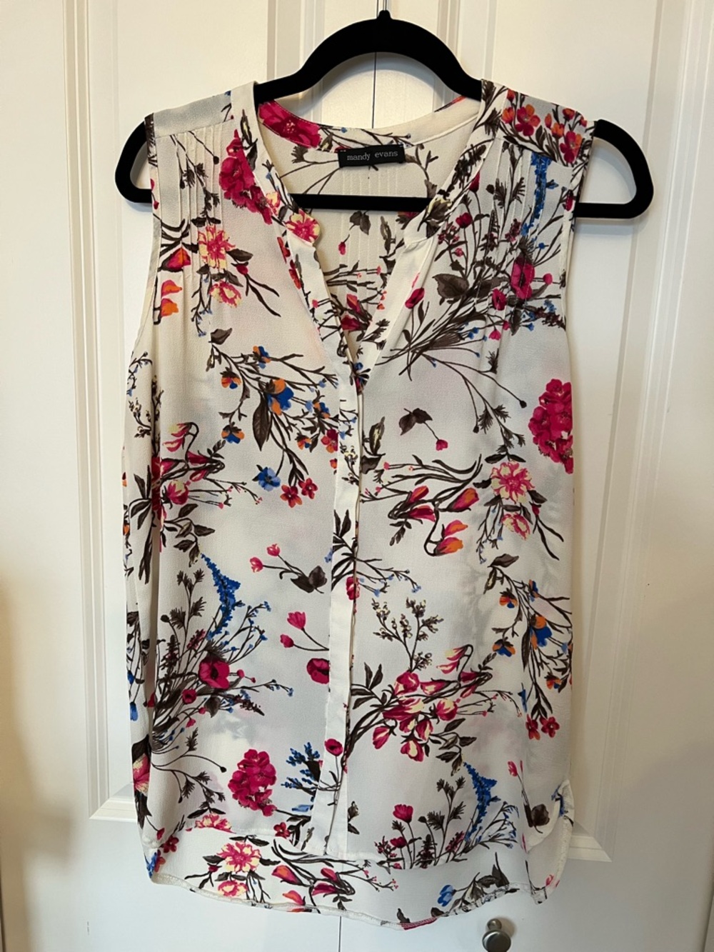 Mandy Evans Sleeveless Floral Blouse - White with Pink & Blue Floral Print